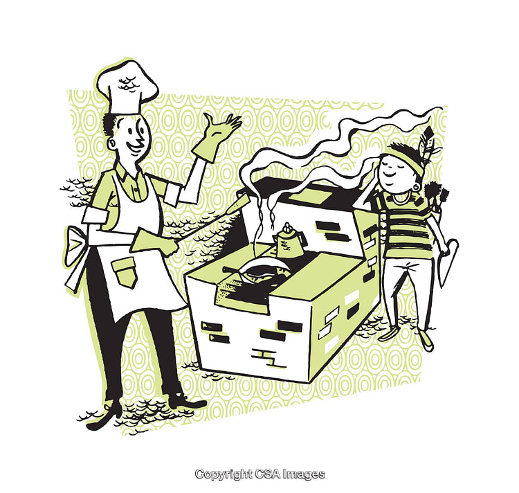 Cartoon Culinary Scene Featuring Chef and Wood-fired Outdoor Stove