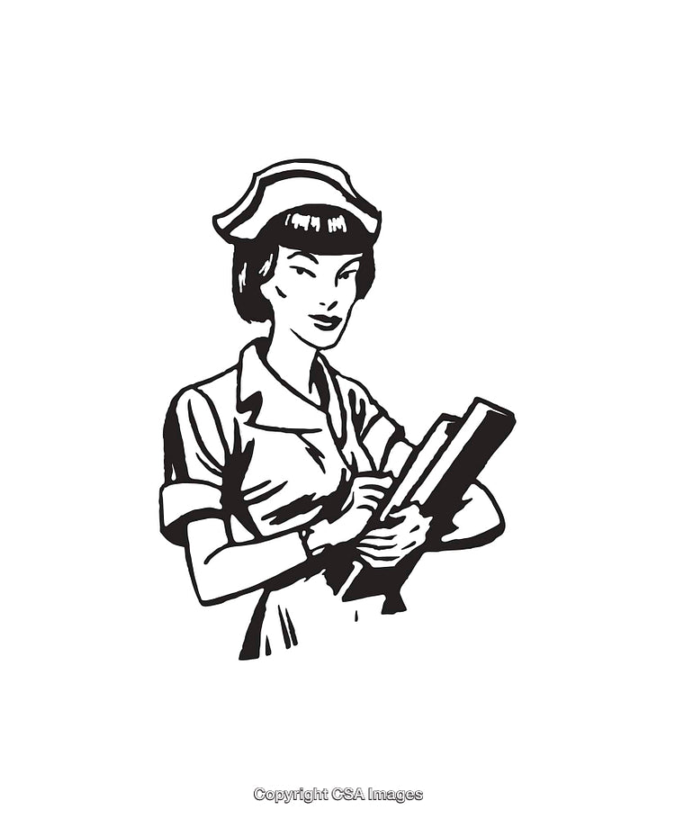 Retro Nurse Illustration in Black and White Line Art Style