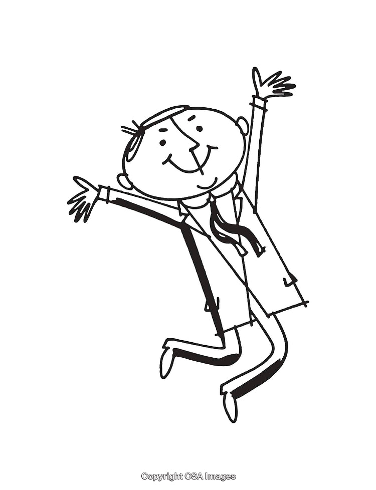 Black and White Line Art of a Joyful Cartoon Businessman Jumping