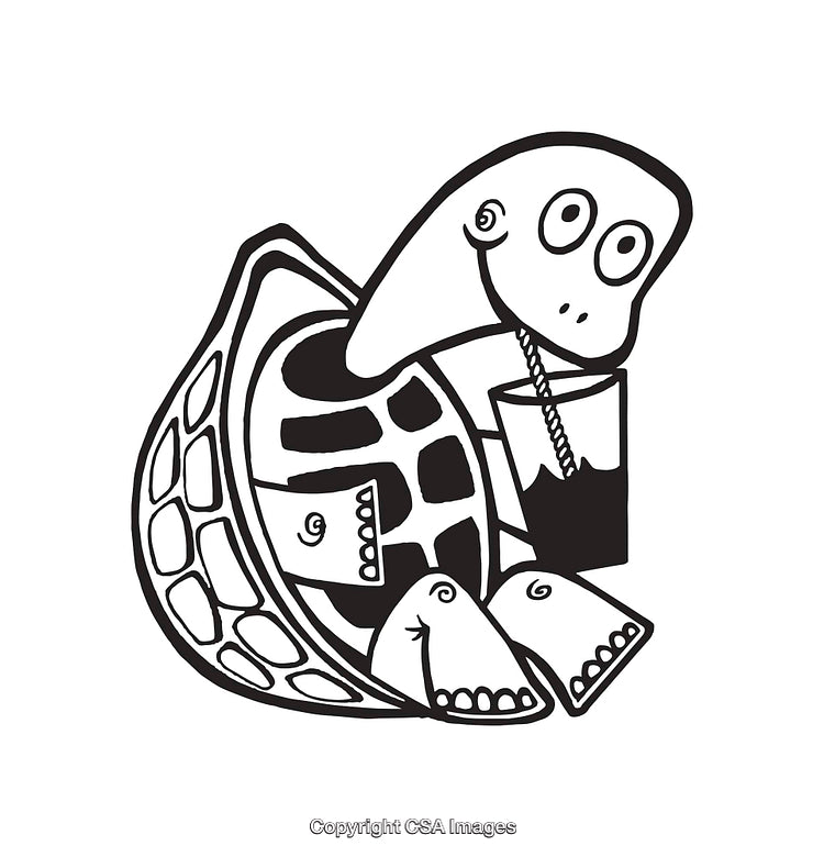 Playful Black-and-White Cartoon Line Art of a Cheerful Turtle