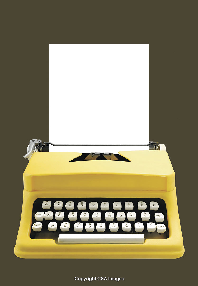 Vintage Yellow Typewriter with Blank Paper Against Brown Background