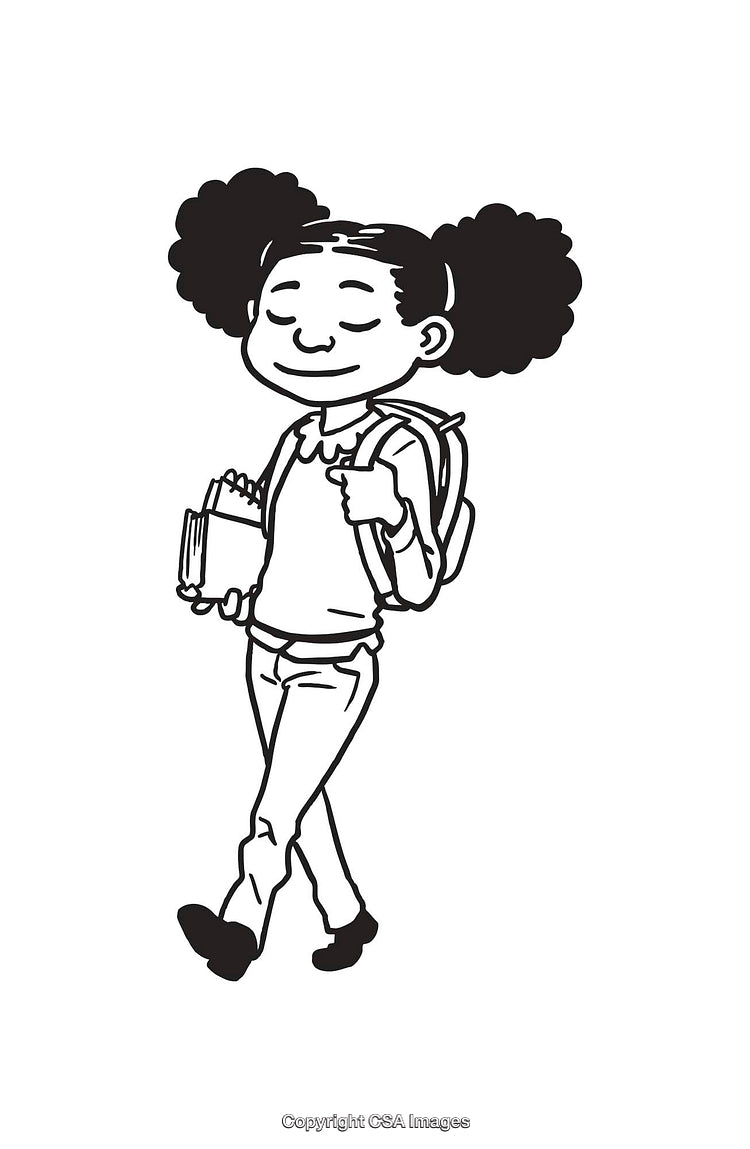 Black and White Line Art of Student Carrying Backpack and Notebook Walking Calmly