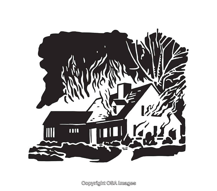 Black and White Line Art of a Burning House Illustration