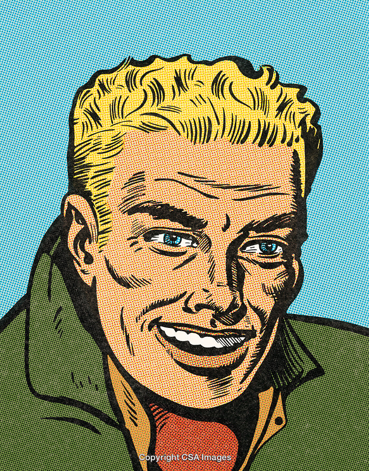 Colorful Vintage-Style Comic Illustration of a Smiling Blond Man