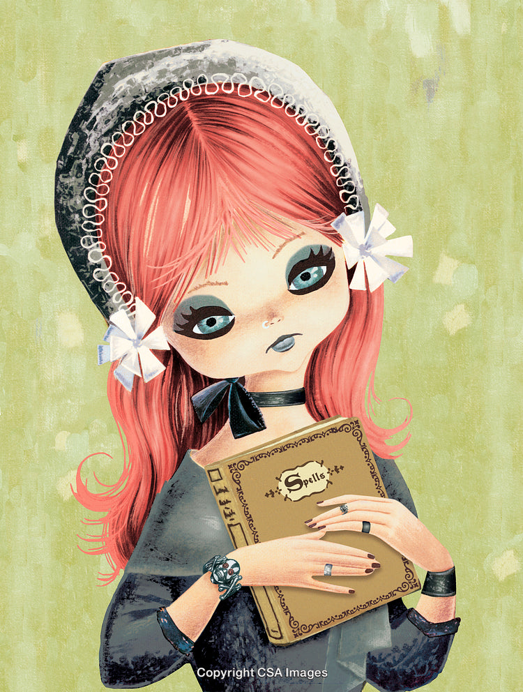 Illustration of a Gothic Girl Holding a Spellbook With a Thoughtful Expression
