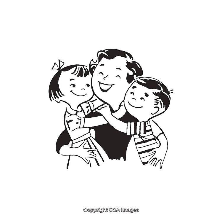 Black and White Illustration of a Happy Family Embracing Together