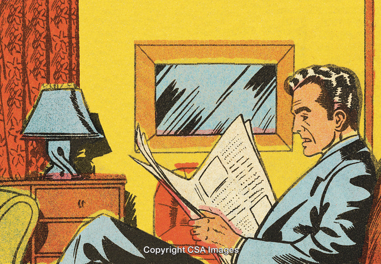 Retro Illustration of Man Reading Newspaper in Cozy Mid-Century Room