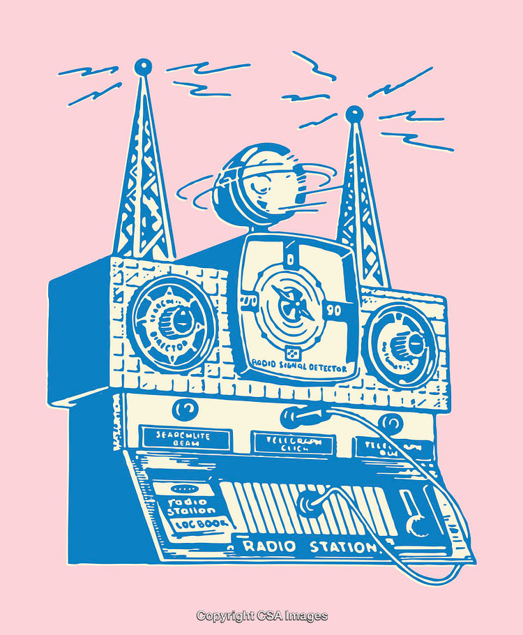Vivid Line Art of a Retro Radio and Extraterrestrial Elements