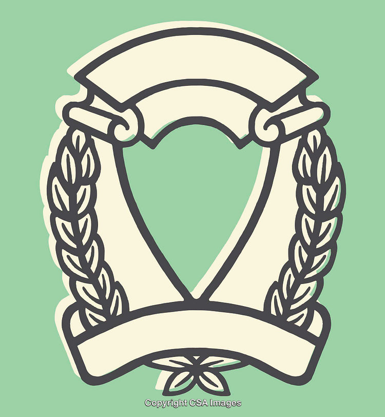 Elegant Line Art Wreath Emblem with Scroll on Green Background