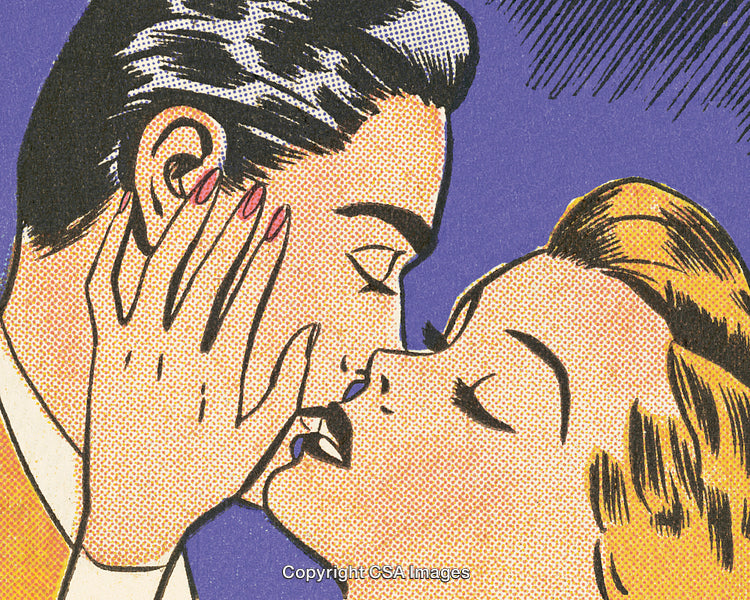 Retro Comic Style Illustration of a Romantic Embrace Between Two Characters
