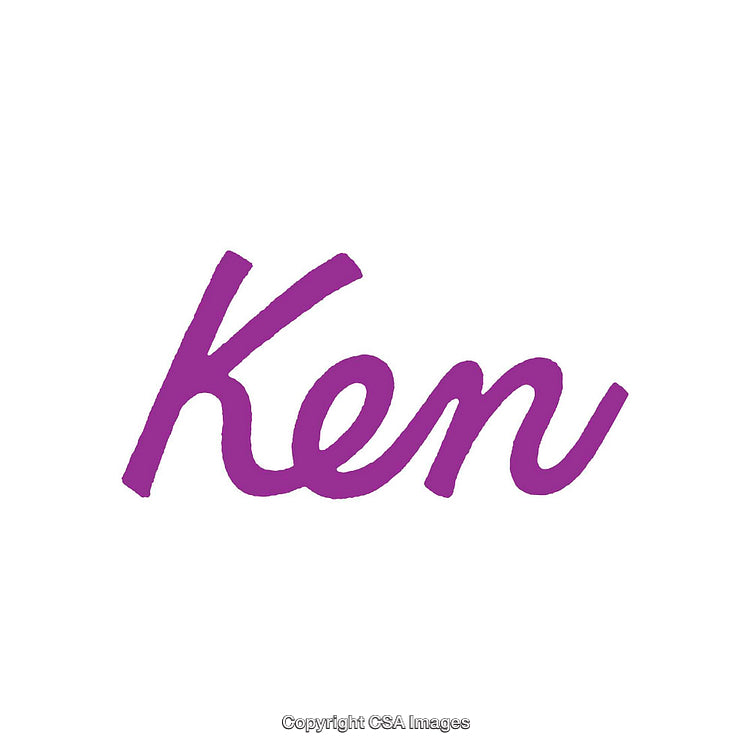 Purple Ink Script Text Reading Ken on a White Background