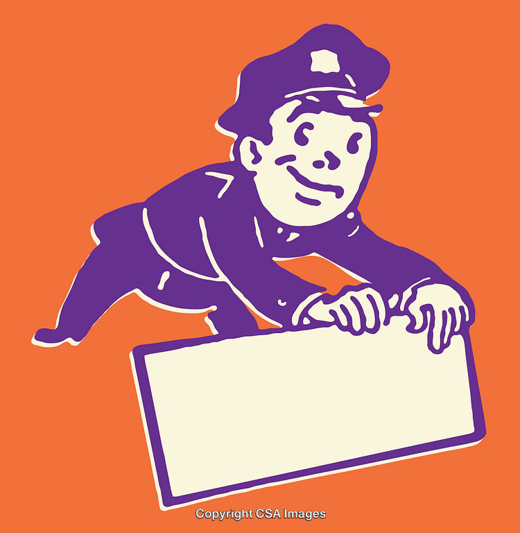 Cartoon Police Officer Holding a Blank Sign on Bright Orange Background