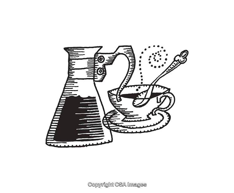 Black and White Line Art of Coffee Cup and Chemex Brewing Scene