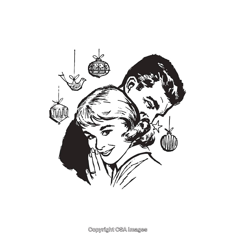Retro Line Art Illustration Depicting Festive Holiday Cheer and Romance