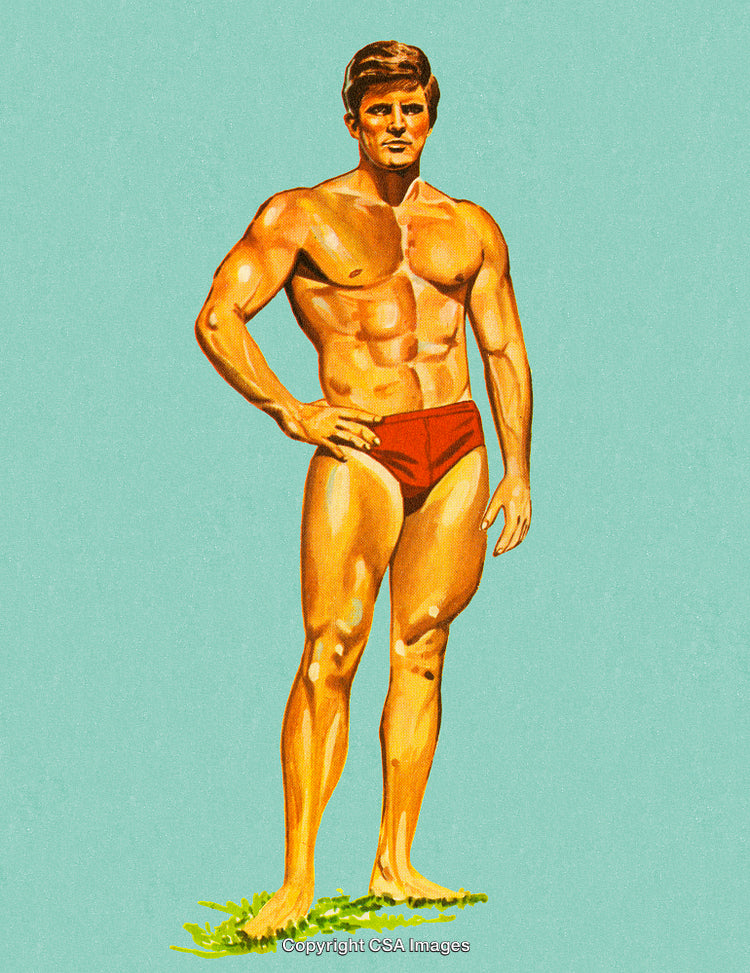 Vintage Illustration of a Muscular Man Posing in Red Swimwear on Grass
