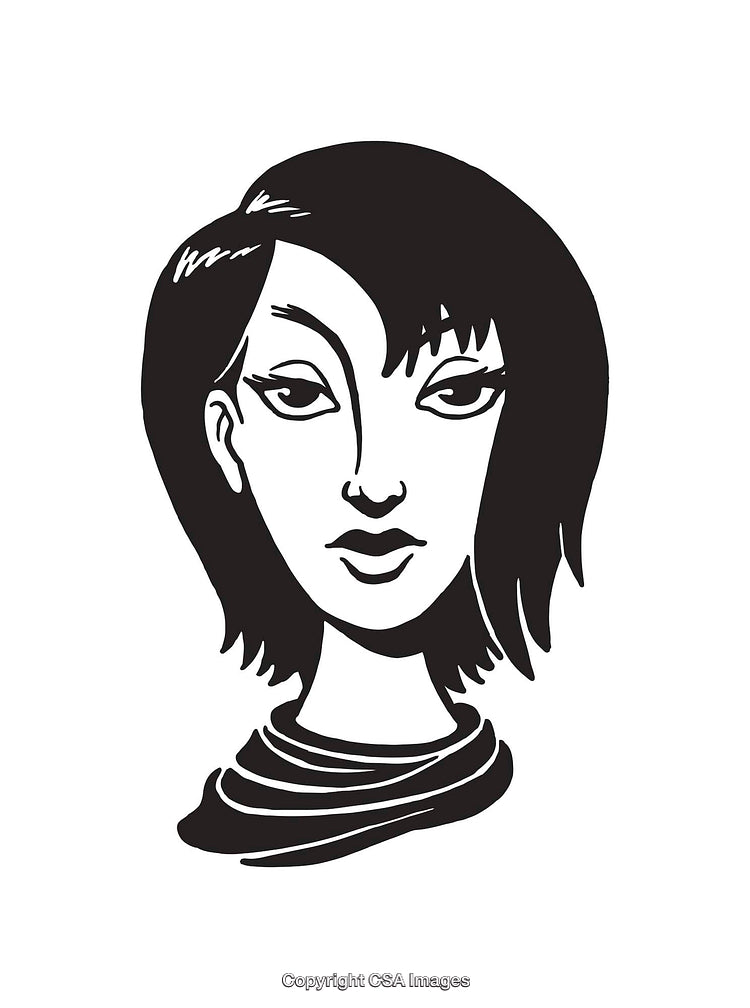 Black and White Line Art Illustration of a Woman's Face with Dark Hair