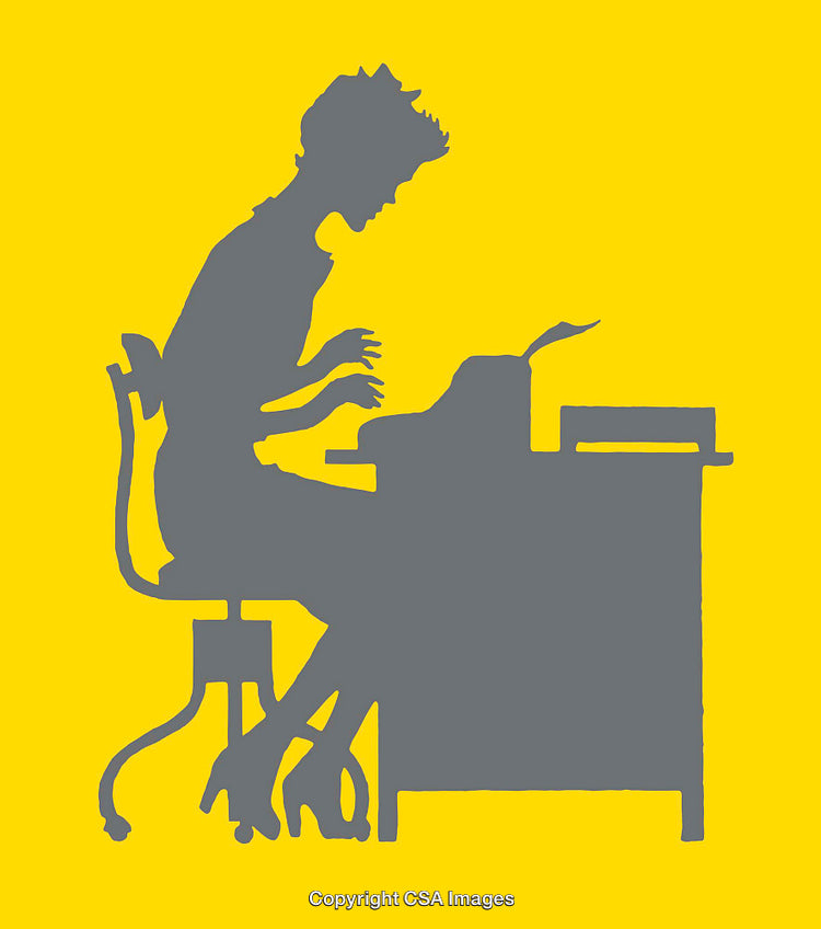 Silhouette of Woman Typing on a Vintage Typewriter in Yellow Background