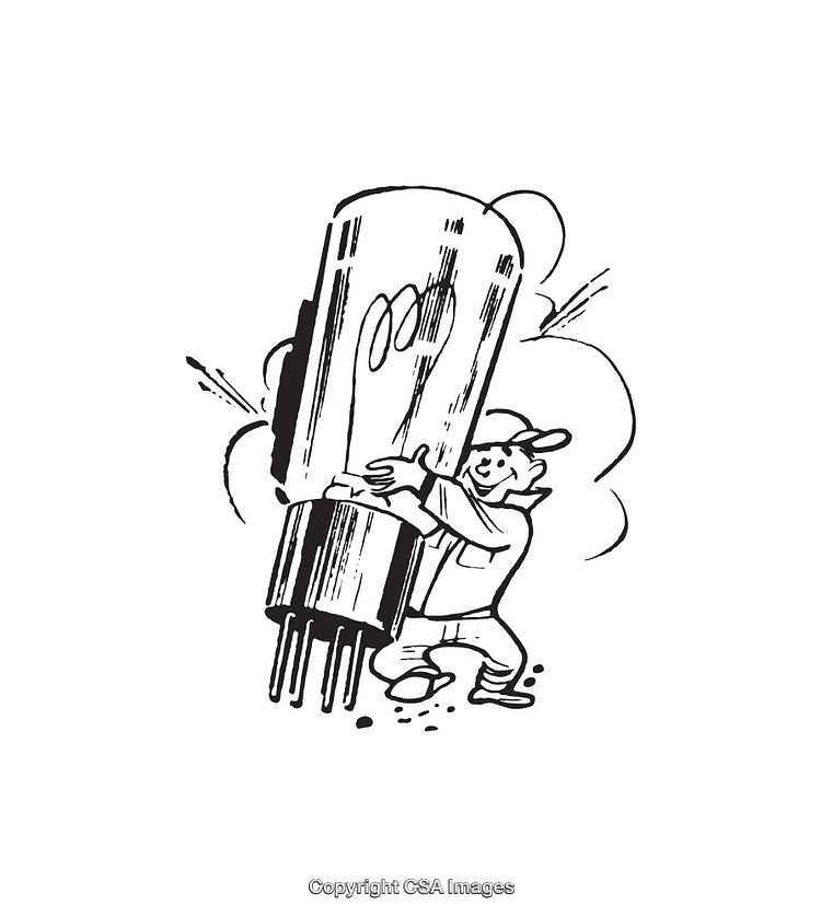 Retro Line Art of Worker Holding Large Electronic Component with Smiling Expression