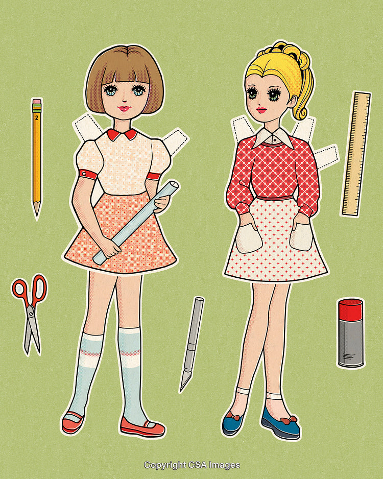 Vintage Cut-Out Paper Dolls with School Supplies on Green Background