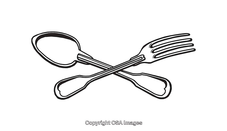Black and White Illustration of Crossed Fork and Spoon Utensils