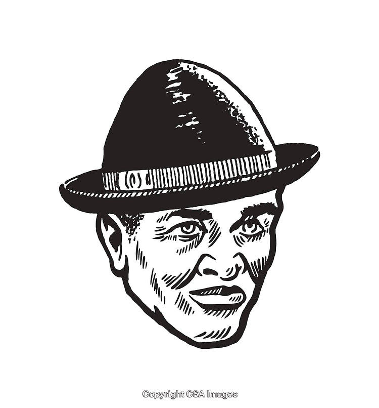 Black and White Line Art Illustration of a Man in a Fedora Hat