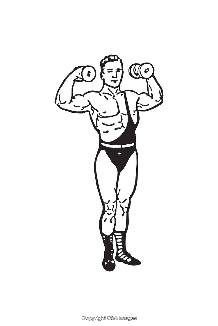 Vintage Line Art of a Male Bodybuilder Holding Dumbbells