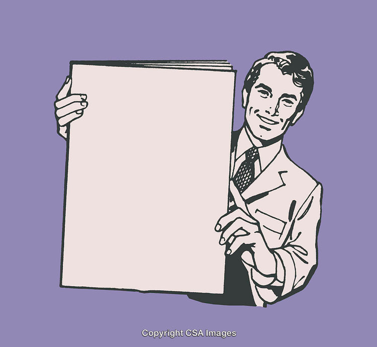 Retro Illustration of a Smiling Man Holding a Blank Sign in Business Attire