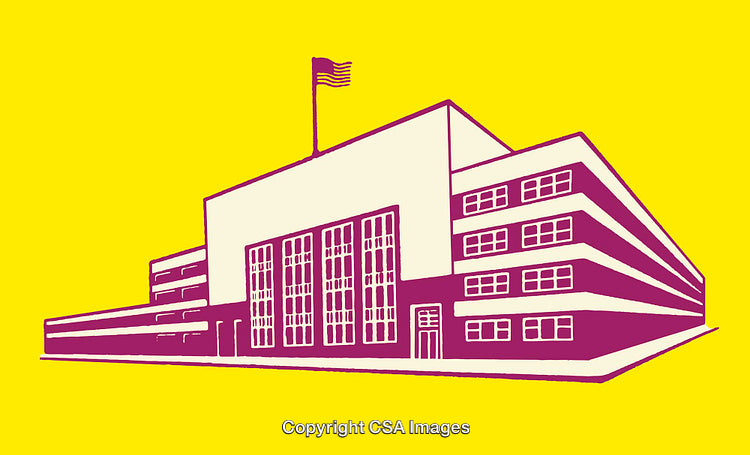 Modernist School Building Illustration with Bold Yellow Background