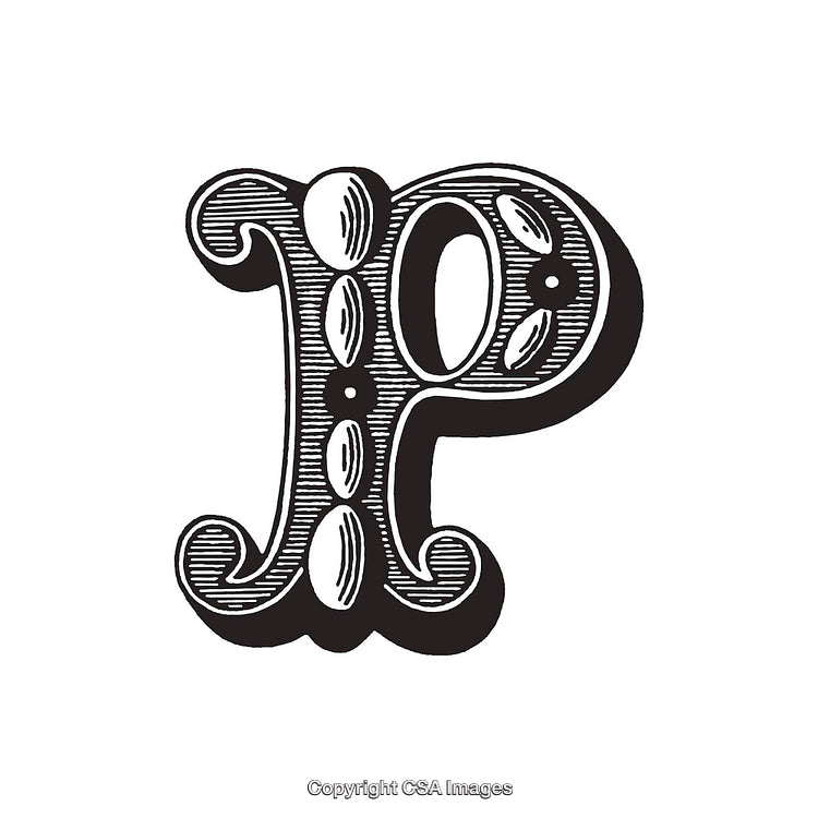 Intricate Ornamental Letter P with Decorative Floral Elements in Black and White