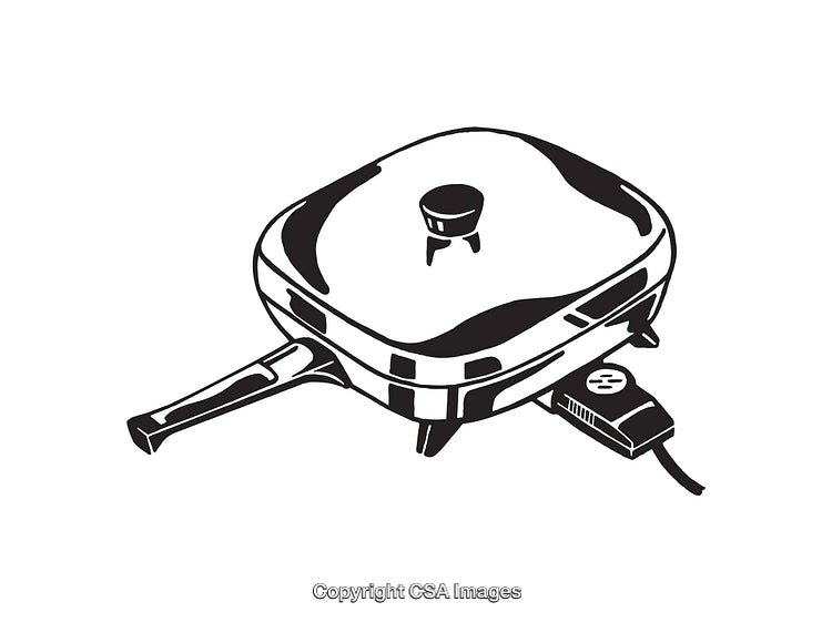 Black and White Line Art Illustration of a Modern Electric Skillet