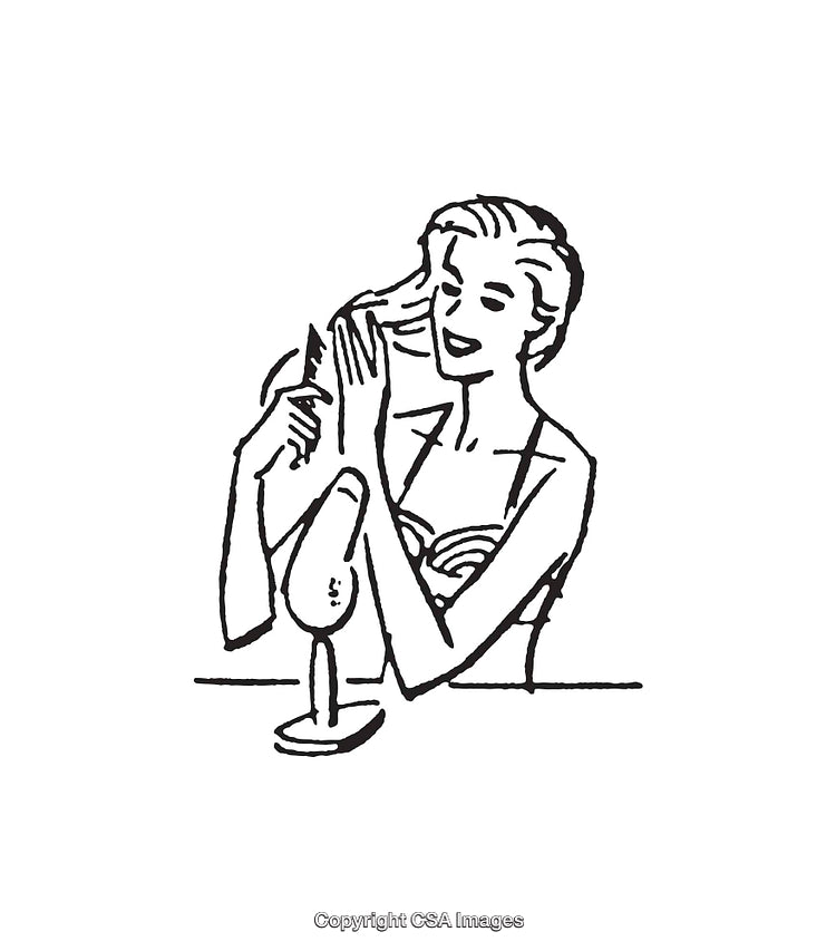 Vintage Line Art Illustration of a Woman Grooming with a Mirror