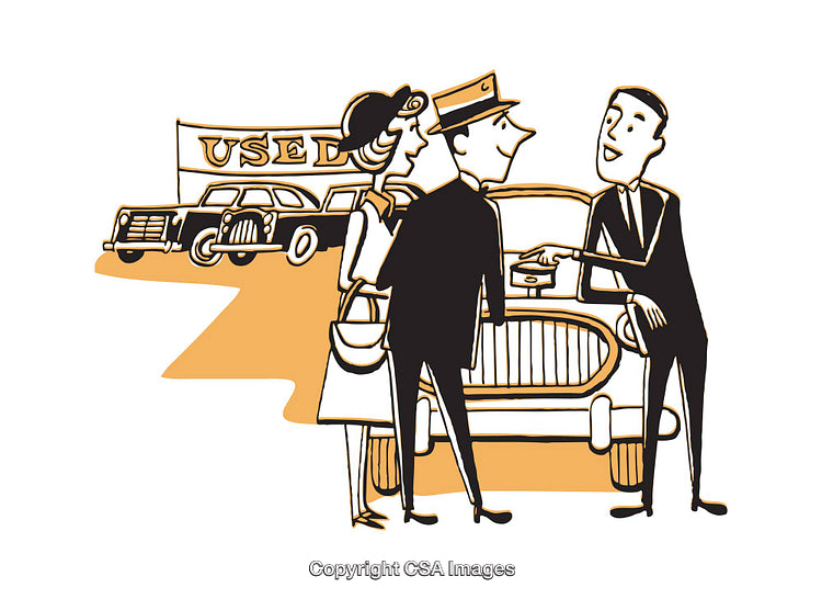 Retro Illustration of Used Car Dealership Interaction Scene