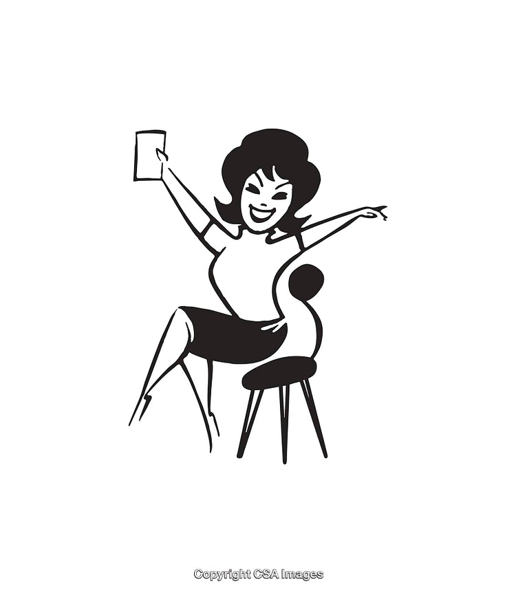 Cheerful Woman Celebrating Joyfully in Retro-Style Black and White Illustration