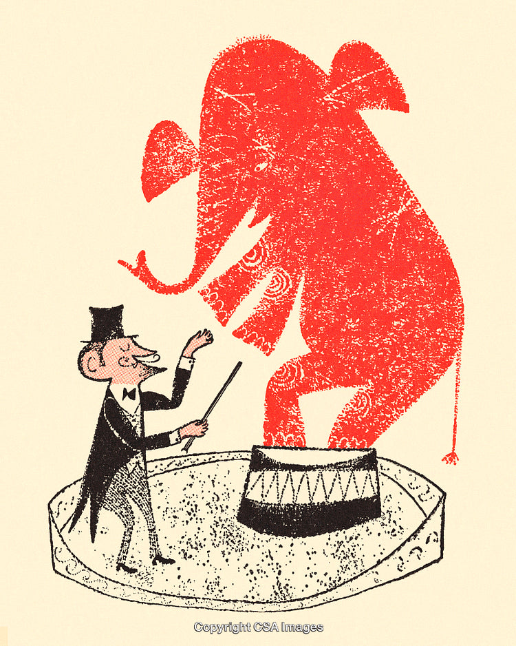 Vintage Circus Illustration of Trainer and Elephant Performing in Red and White