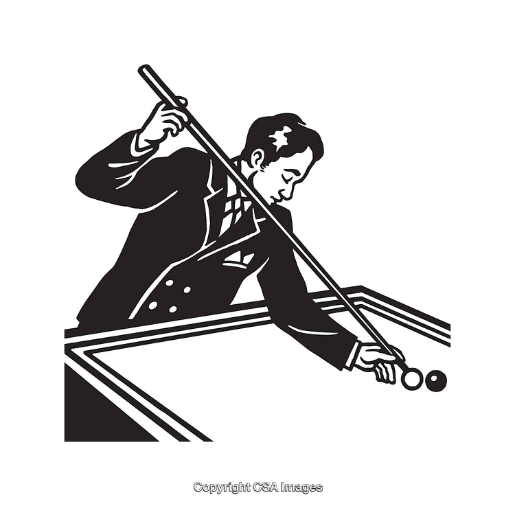 Black and White Line Art Illustration of a Player at Pool Table
