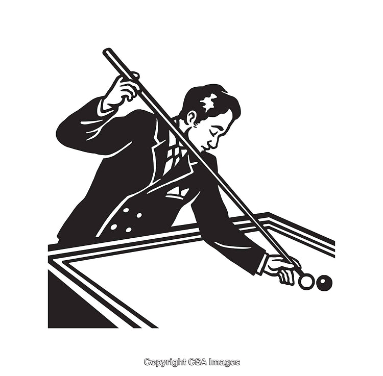 Black and White Line Art Illustration of a Player at Pool Table