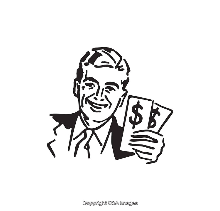 Retro Style Line Art of Happy Businessman with Dollar Bills