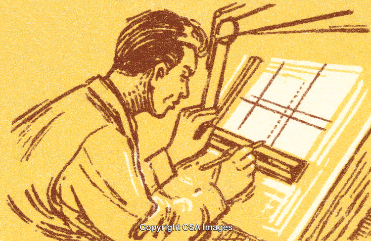 Vintage Illustration of a Draftsman Working at a Drawing Table