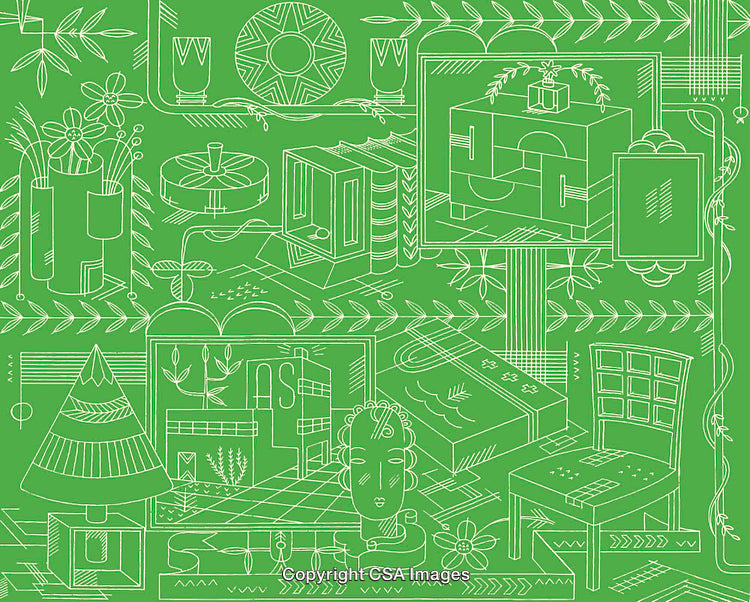 Green Line Art Illustration of Furniture and Decor Elements