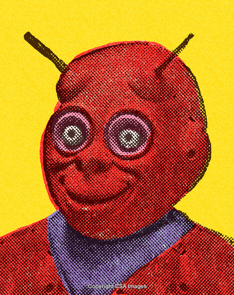 Colorful Pop Art Illustration of a Humanoid Alien Character with Abstract Features