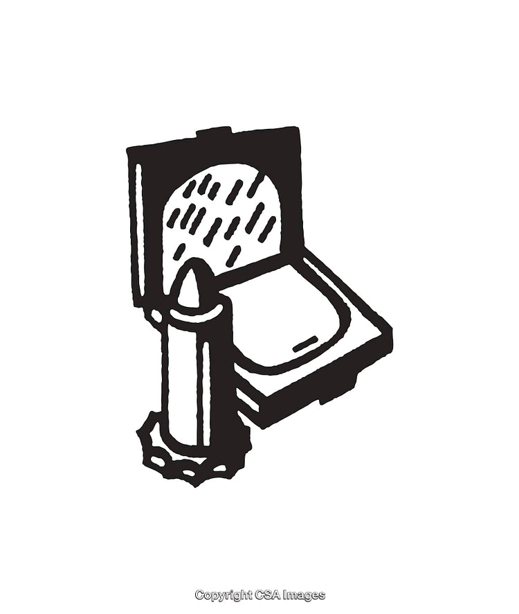 Black and White Illustration of Makeup Items with Lipstick and Compact
