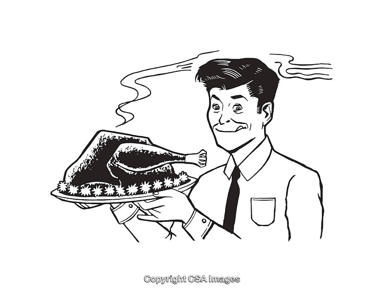 Vintage Style Black and White Illustration of a Man Holding a Roasted Turkey