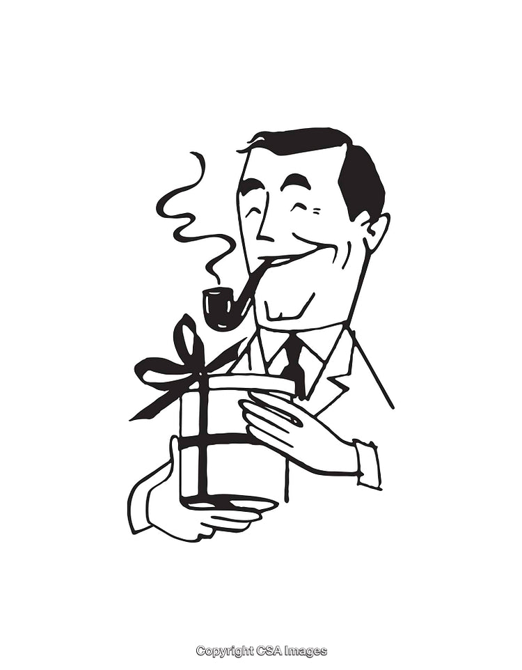 Smiling Man with Pipe Holding Wrapped Gift in Line Art Style