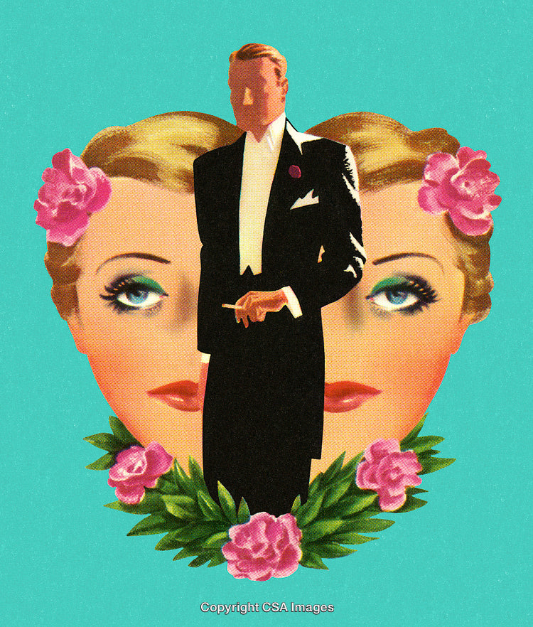 Retro Illustrated Man with Floral Motif and Female Portraits