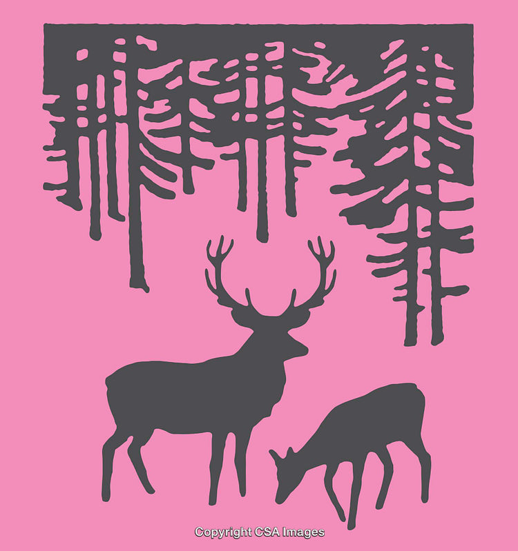 Silhouette Illustration of Deer in a Forest Setting With Pink Background