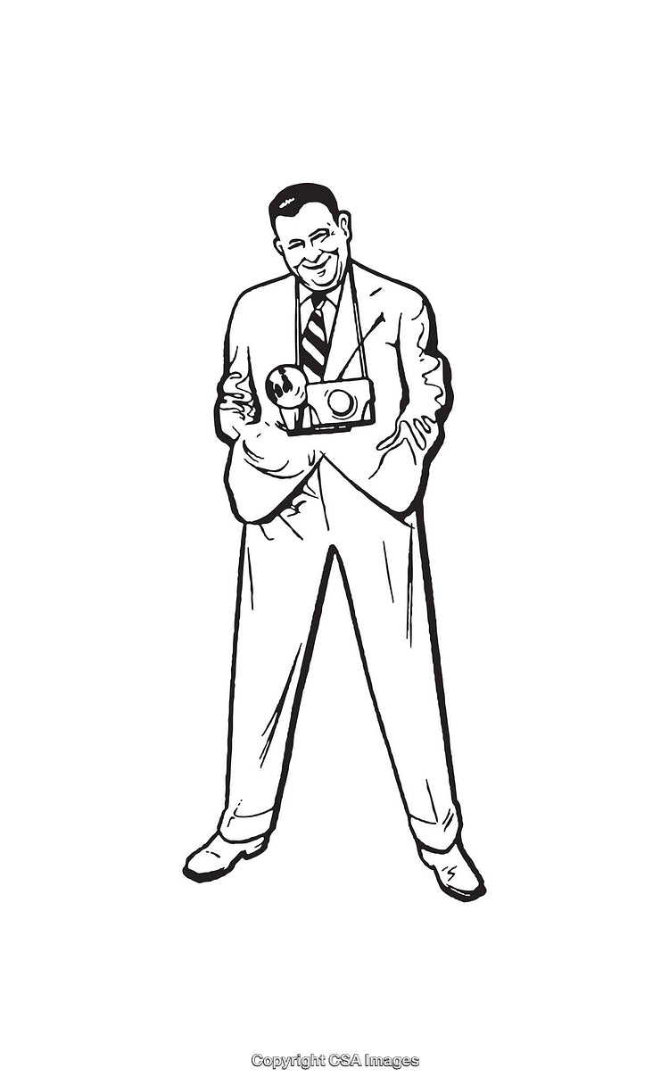 Black and White Line Art of a Man Holding a Vintage Camera