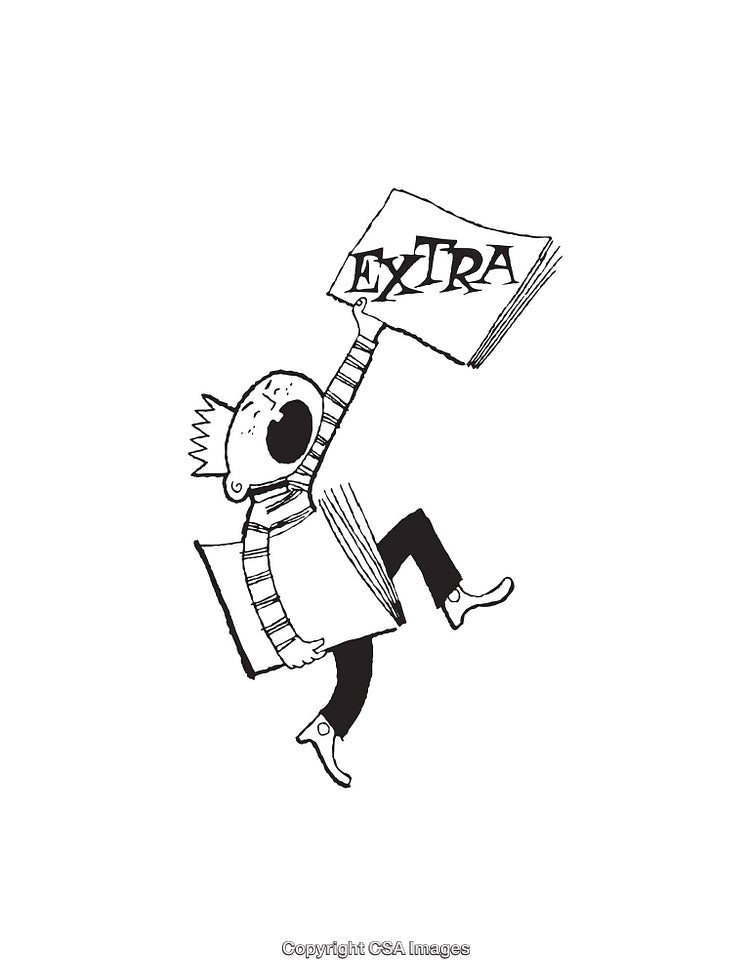 Illustration of a Newsboy Holding an Extra Newspaper in Black and White