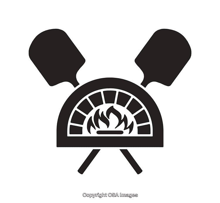 Black and White Wood-Fired Pizza Oven Illustration with Tools