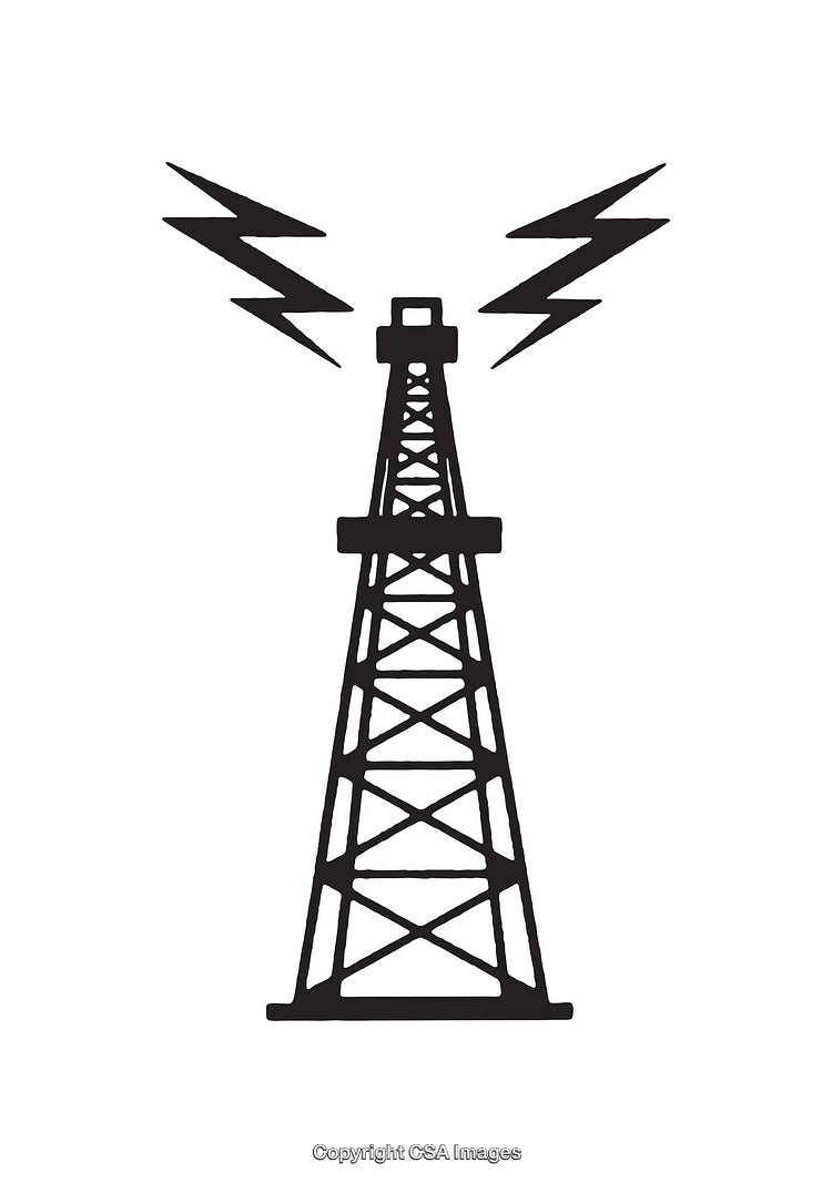 Black and White Line Art of a Broadcasting Tower with Lightning Bolts