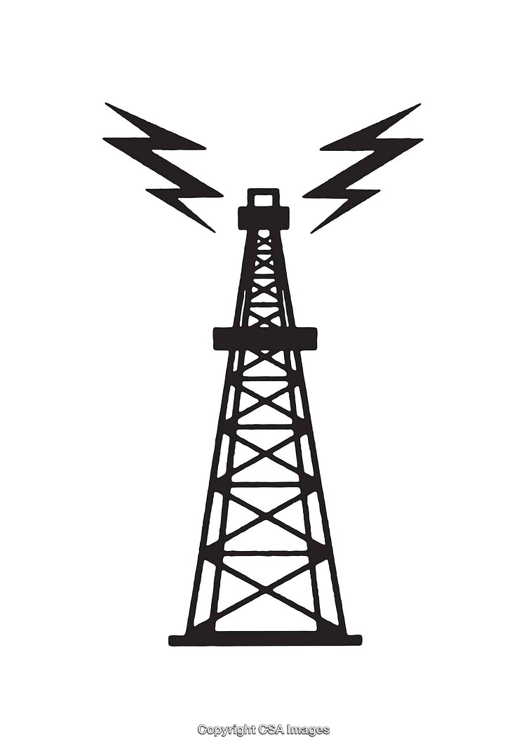 Black and White Line Art of a Broadcasting Tower with Lightning Bolts